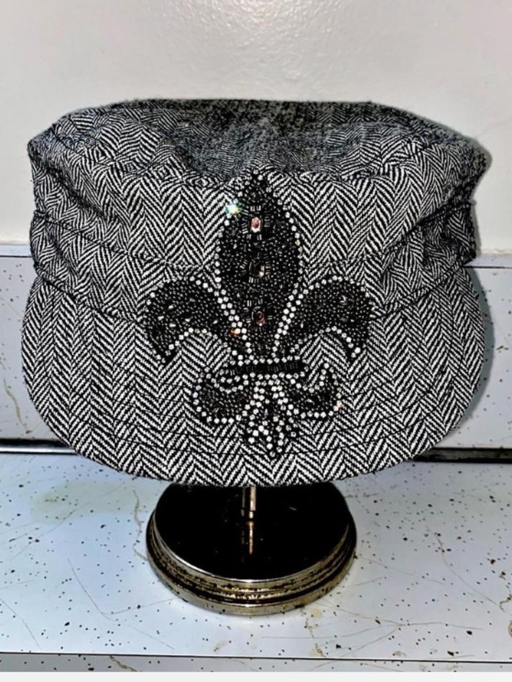 Embellished Fleur-de-Lis Black & White Herringbone Cap